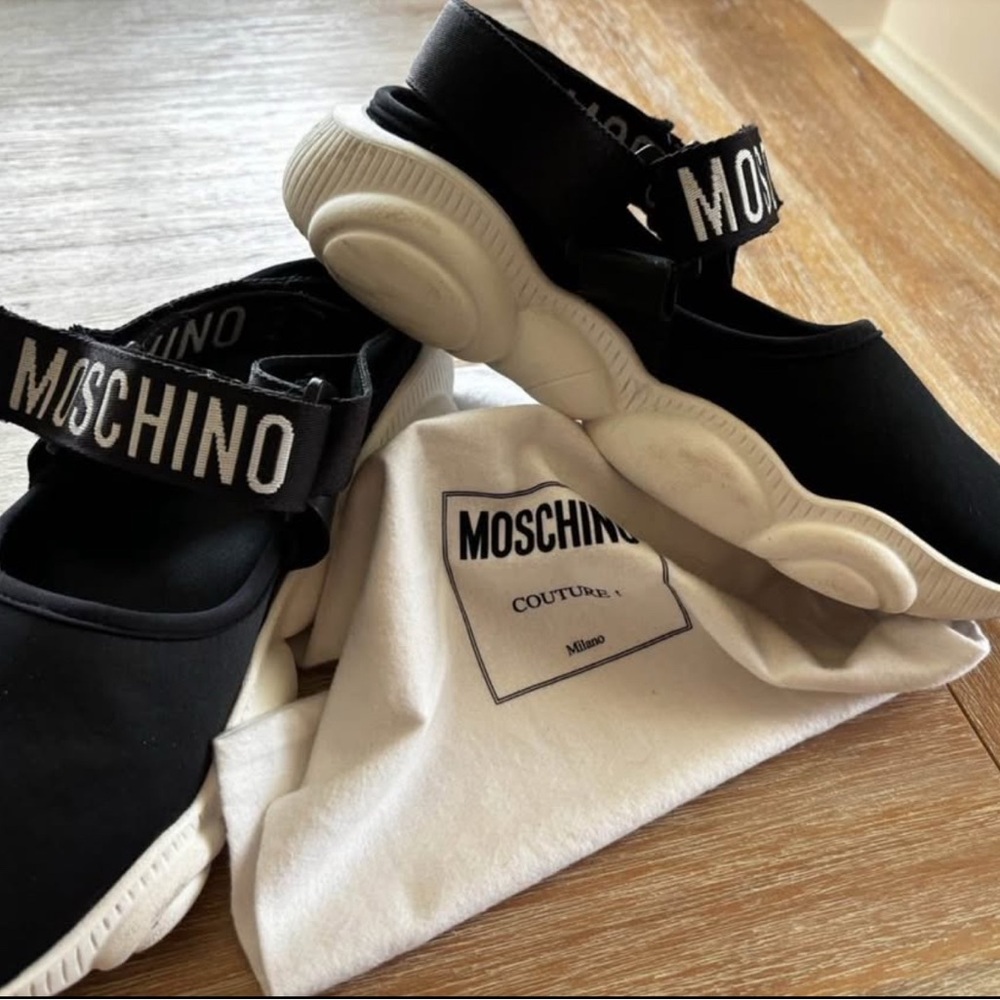 Moschino Teddy Bear Black and White Strap Sneakers